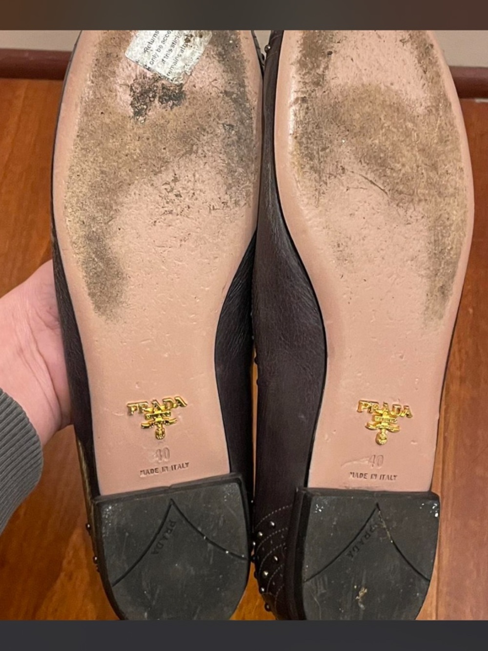 Prada Dark Brown Studded Leather Ballet Flats - Picture 5 of 5